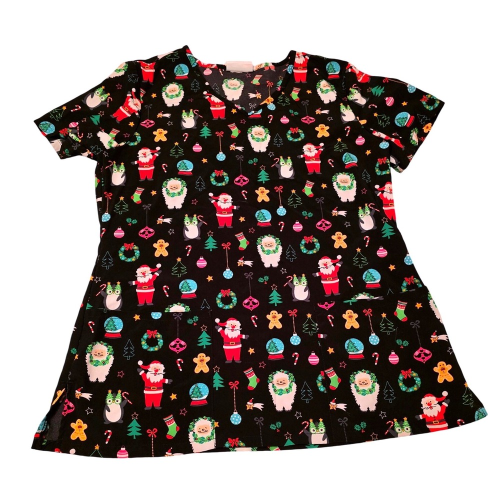 Women's Size Small SCRUBSTAR Santa Christmas‎ Scrub Top, Excellent Condition